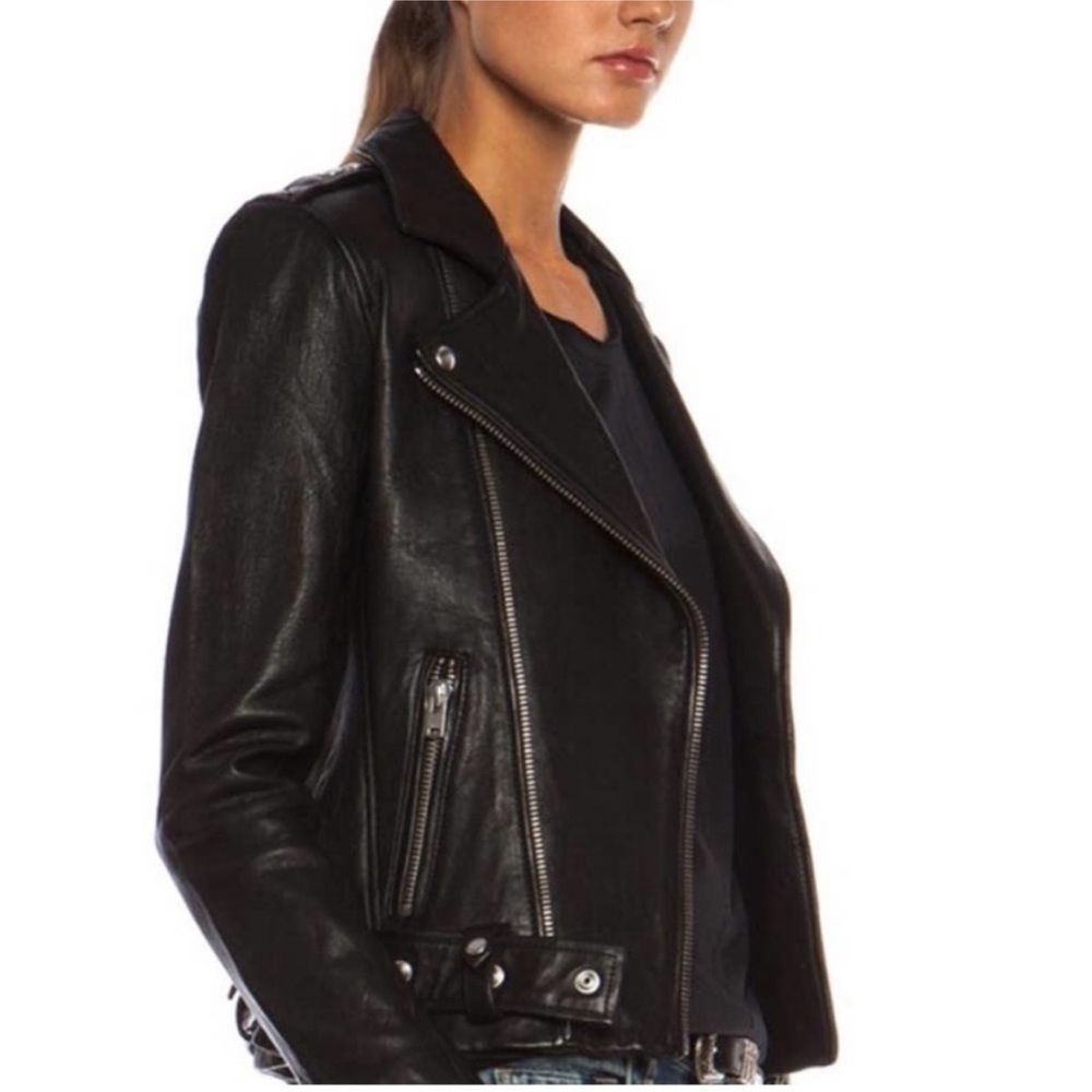 IRO Black Leather Biker Jacket with Notched Lapel